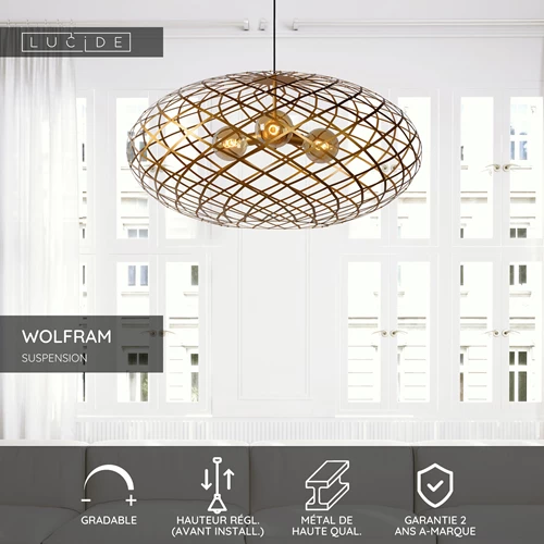 Lucide WOLFRAM - Suspension - Ø 100 cm - 3xE27 - Or Mat / Laiton - USP
